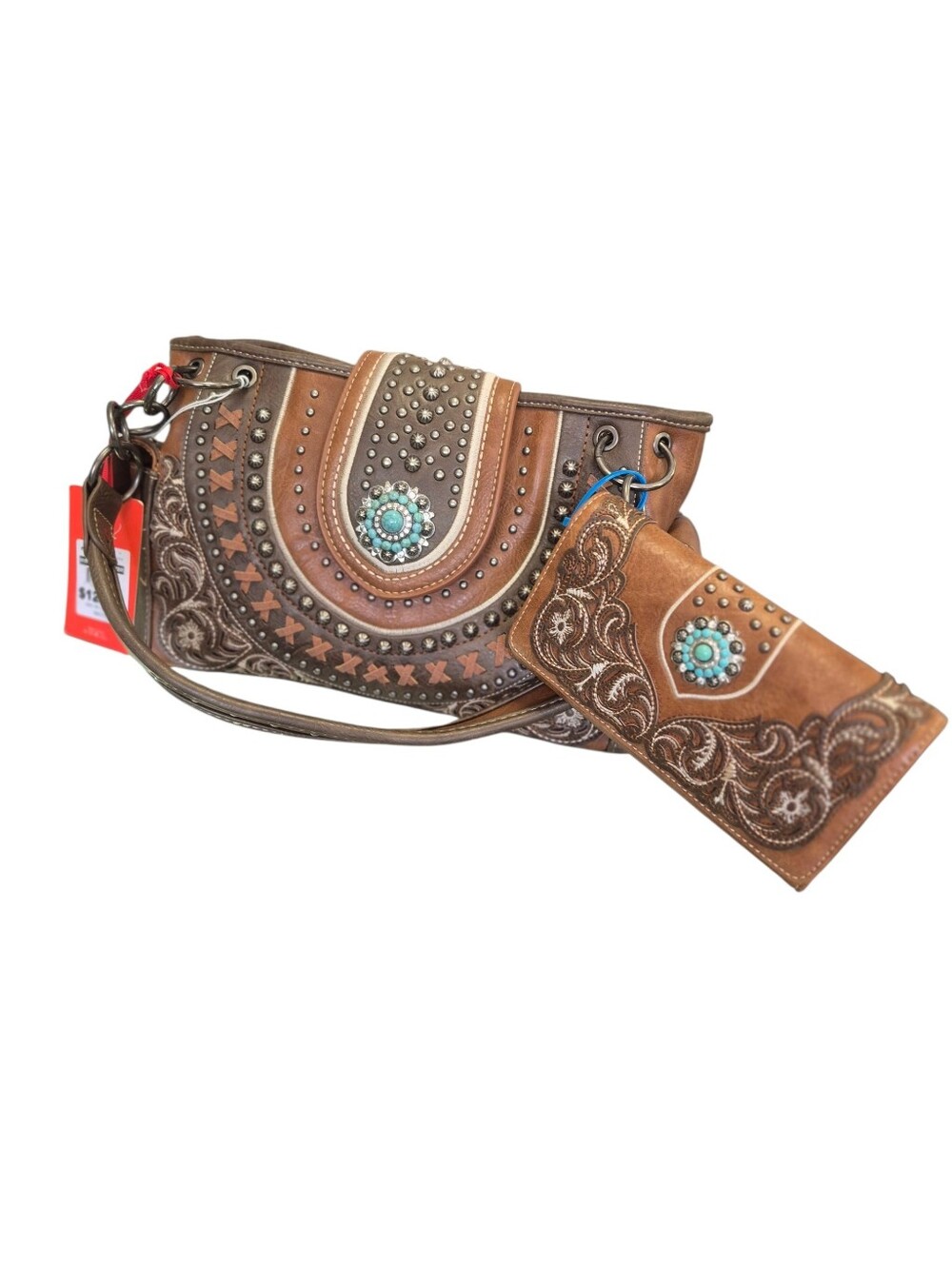Montana West 2 Tone Brown With Turquoise Studded Shoulder Bag Conceal Carry NWTs